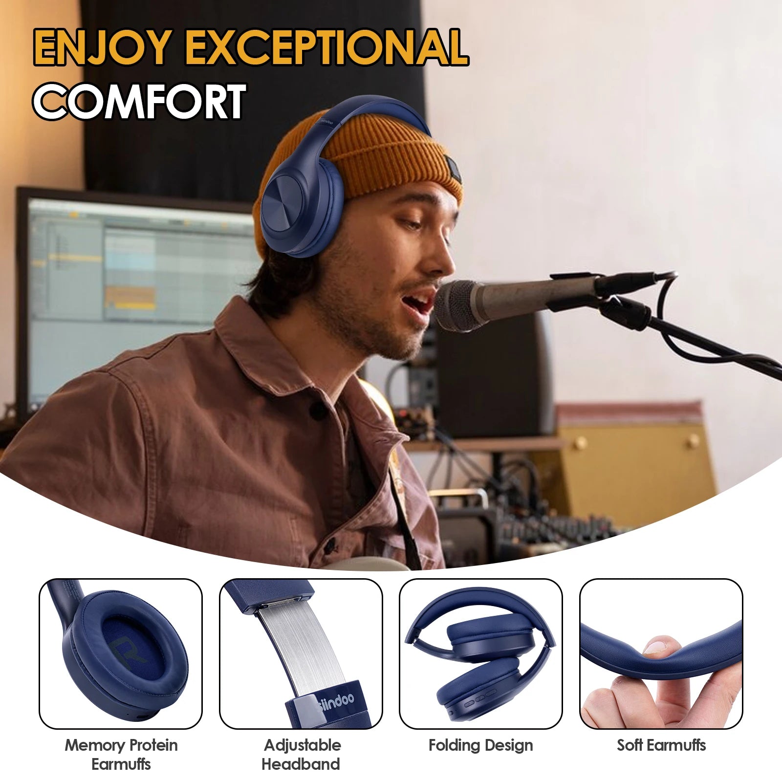Siindoo JH-923 Wireless Headphones Over Ear,Foldable Bluetooth Headsets,3EQ Sound Modes, Hi-Res Audio with Mic Deep Bass Blue
