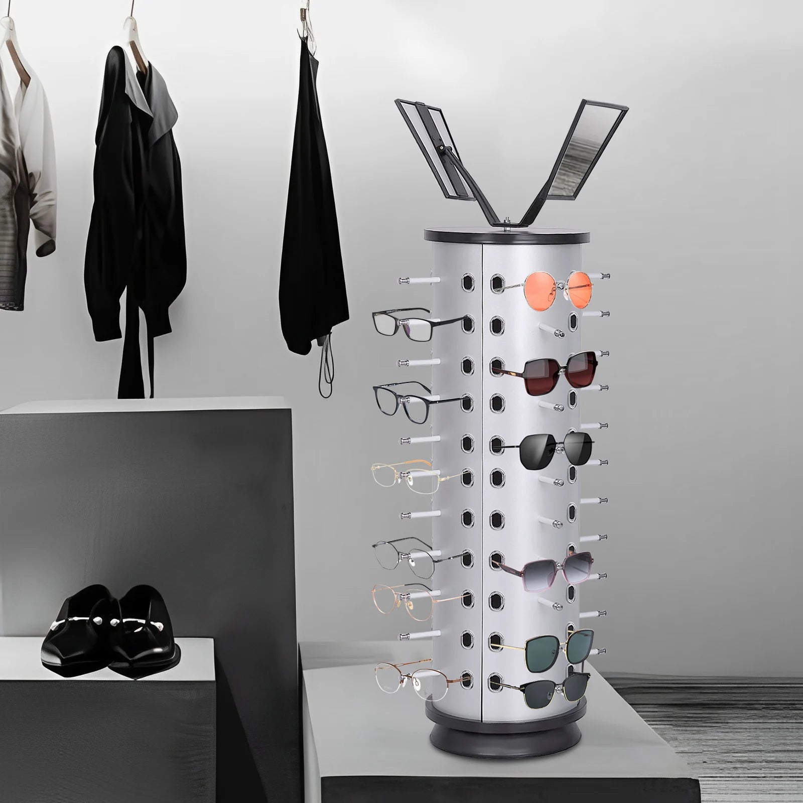 Bymaocar Sunglasses Display Rack 360° Rotating  44 Pieces + Mirror Spinning Stand Glass Holder Home Decor with Hooks and Holes