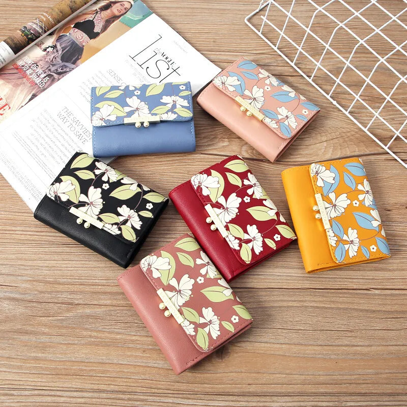 Women's Foldable Leather Wallet Floral Print Wallet Multi-card Slot ID Card Holder Card Bag Fashionable Wallet Cute Handbag