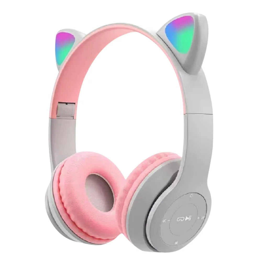 Wireless Headphones Cat Ear Bluetooth-Compatible Helmets Glow Light Over-Ear Headsets Cute Sports Headphones for Kids and Adult