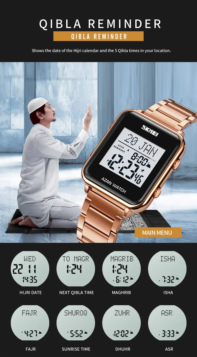 SKMEI Muslim Azan Digital Watches Men's Watch For Men Prayer With Qibla Compass Adhan Alarm Hijri Islamic Wristwatches Clock