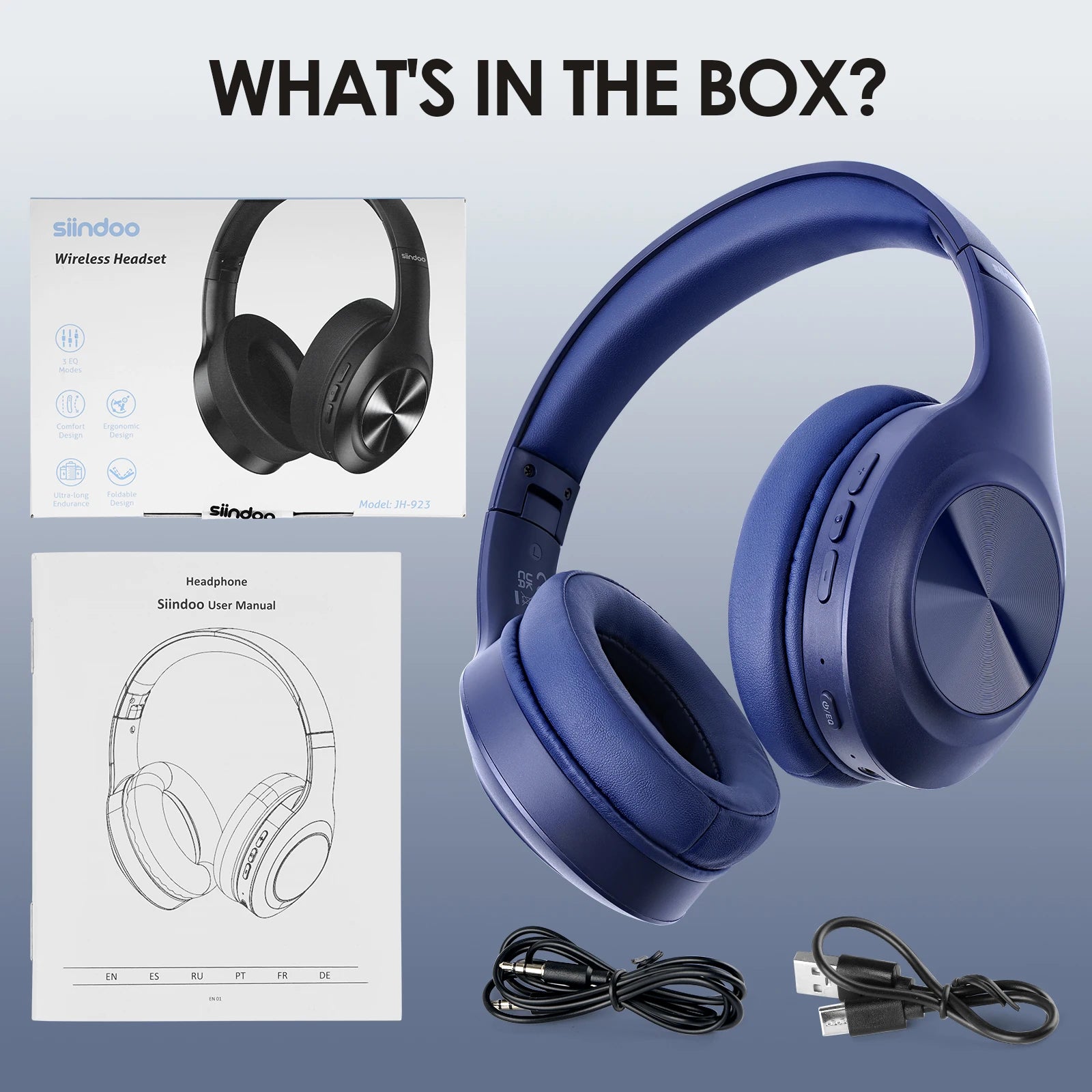 Siindoo JH-923 Wireless Headphones Over Ear,Foldable Bluetooth Headsets,3EQ Sound Modes, Hi-Res Audio with Mic Deep Bass Blue