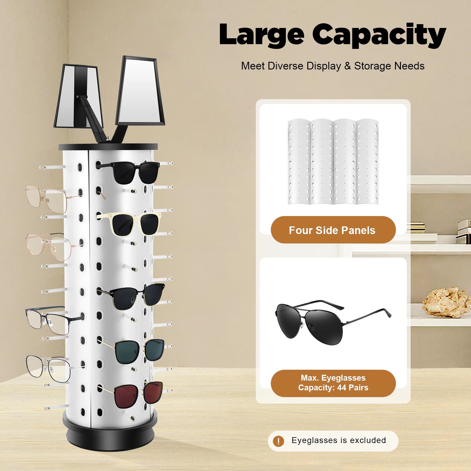 Bymaocar Sunglasses Display Rack 360° Rotating  44 Pieces + Mirror Spinning Stand Glass Holder Home Decor with Hooks and Holes