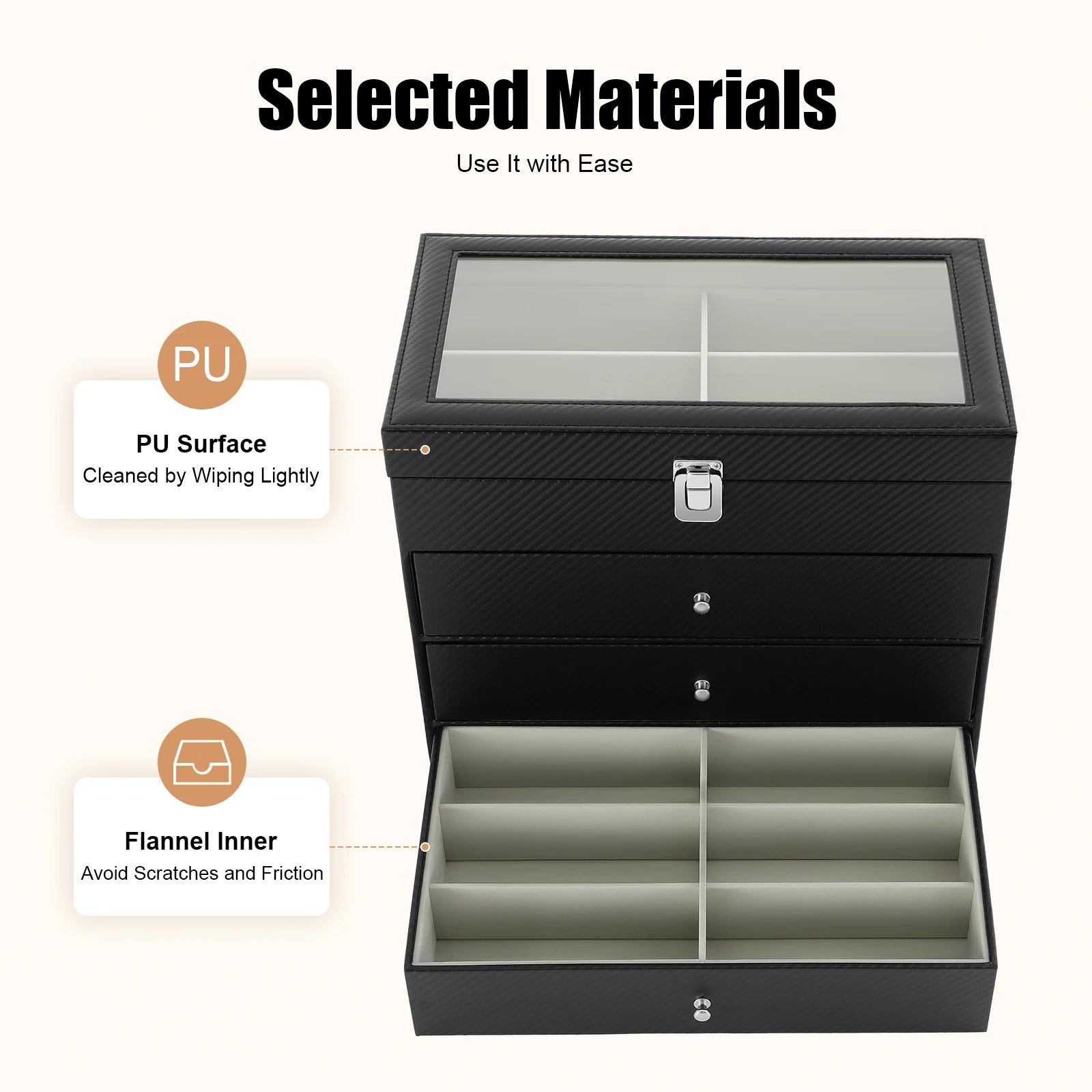 24-Slot Glasses Display Case, PU Leather & Glass Top Storage Box for Sunglasses, Watches, Jewelry, Locking Clasp & Pull-Out