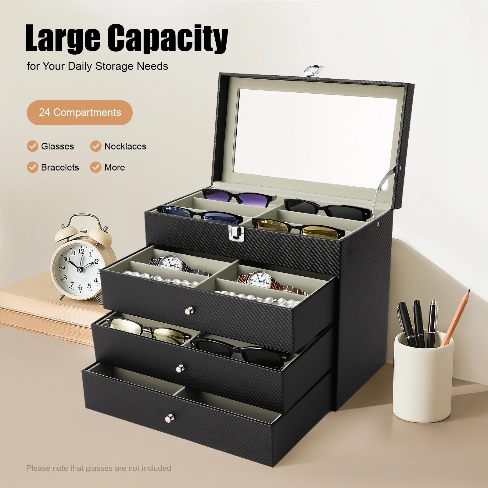 24-Slot Glasses Display Case, PU Leather & Glass Top Storage Box for Sunglasses, Watches, Jewelry, Locking Clasp & Pull-Out