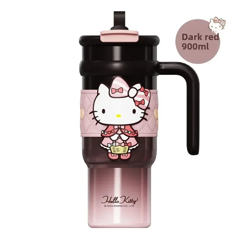 Sanrio 900Ml Thermos Cup Hello Kitty Cinnamoroll Kuromi Design Leakproof Water Cup Portable Bag Car Ice Cup Gift for Friends