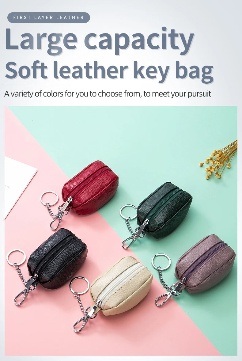 Small Pocket Zipper Key Storage Bag Simple Elegant PU Leather Wallet Car Key Ring Solid Color Lipstick Earphone Pouch Pocket
