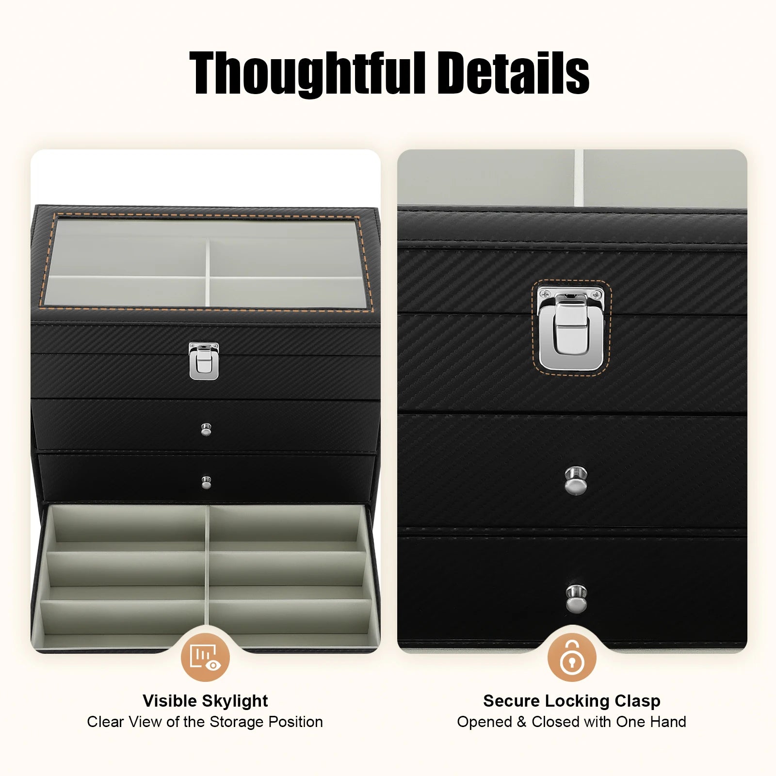 24-Slot Glasses Display Case, PU Leather & Glass Top Storage Box for Sunglasses, Watches, Jewelry, Locking Clasp & Pull-Out