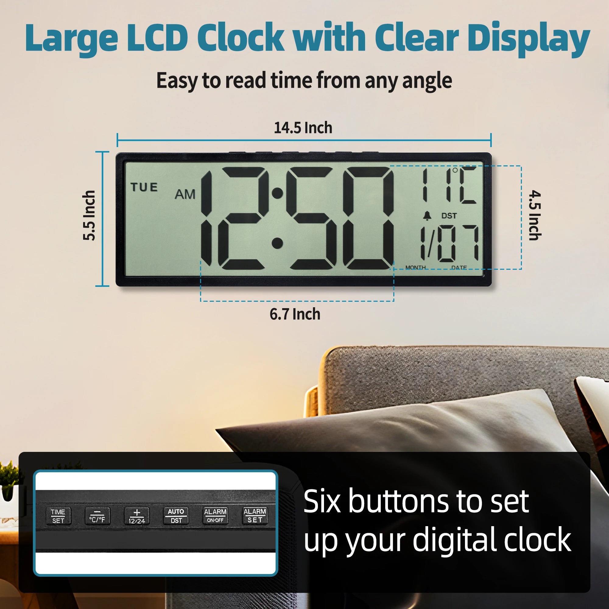 14.5" Large Digital Wall Clock Battery Operated, Clock with Large Display Numbers, Calendar, Auto DST, Clocks for Living Room
