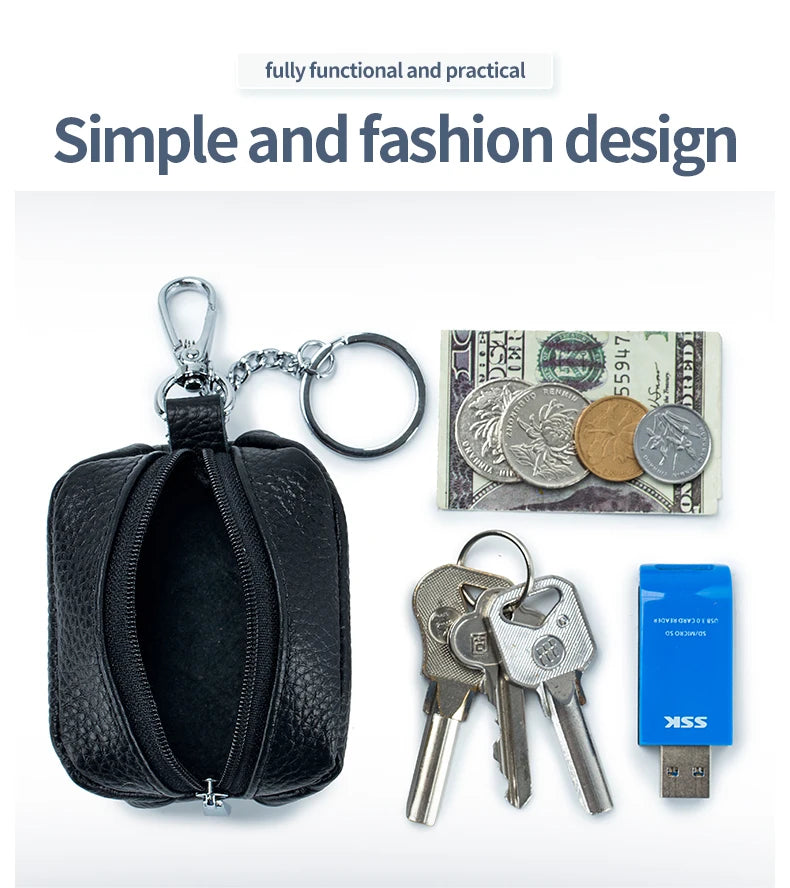 Small Pocket Zipper Key Storage Bag Simple Elegant PU Leather Wallet Car Key Ring Solid Color Lipstick Earphone Pouch Pocket