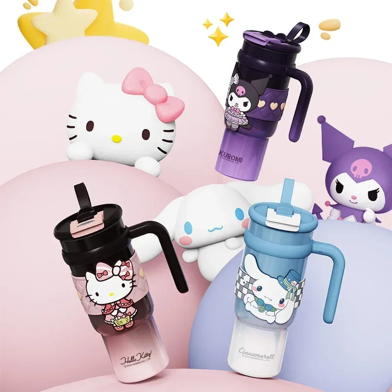 Sanrio 900Ml Thermos Cup Hello Kitty Cinnamoroll Kuromi Design Leakproof Water Cup Portable Bag Car Ice Cup Gift for Friends