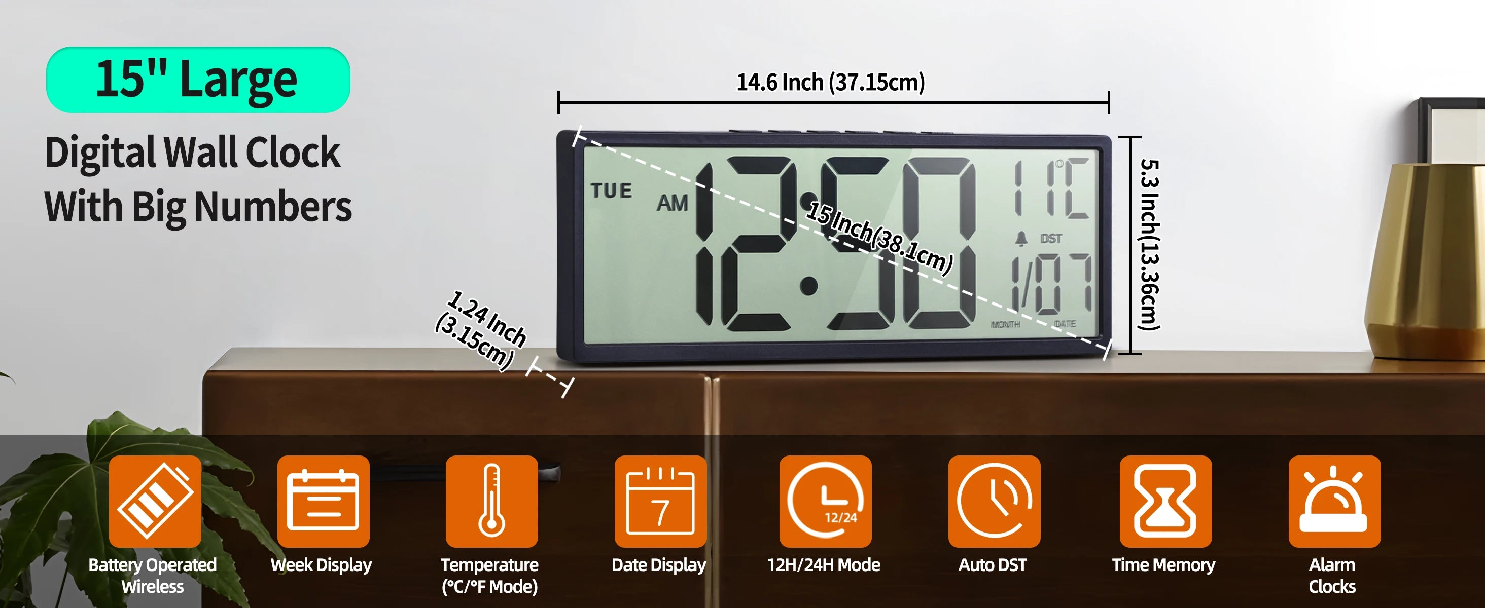 14.5" Large Digital Wall Clock Battery Operated, Clock with Large Display Numbers, Calendar, Auto DST, Clocks for Living Room
