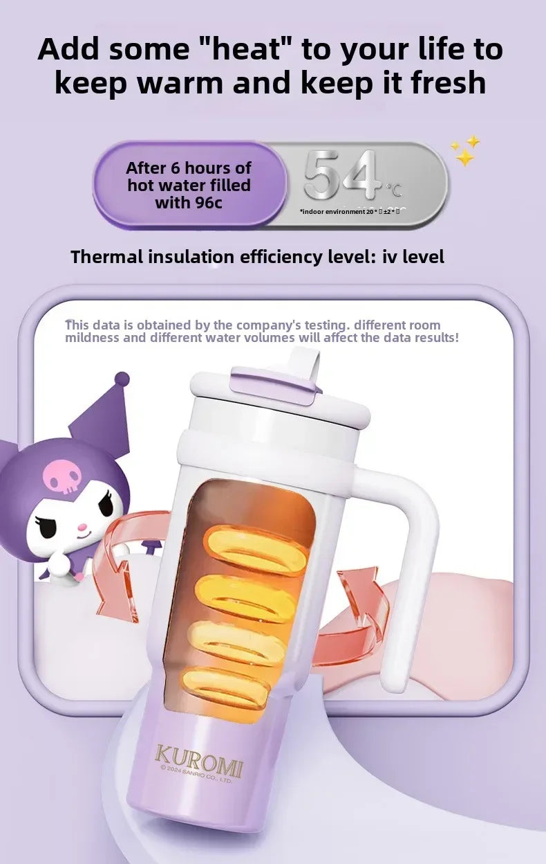 Sanrio 900Ml Thermos Cup Hello Kitty Cinnamoroll Kuromi Design Leakproof Water Cup Portable Bag Car Ice Cup Gift for Friends