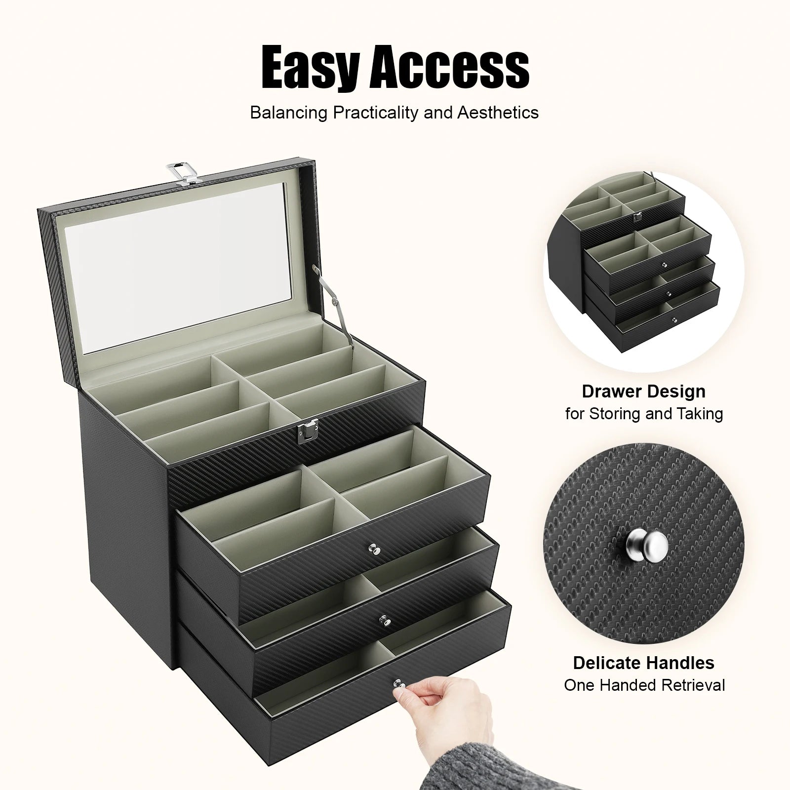 24-Slot Glasses Display Case, PU Leather & Glass Top Storage Box for Sunglasses, Watches, Jewelry, Locking Clasp & Pull-Out