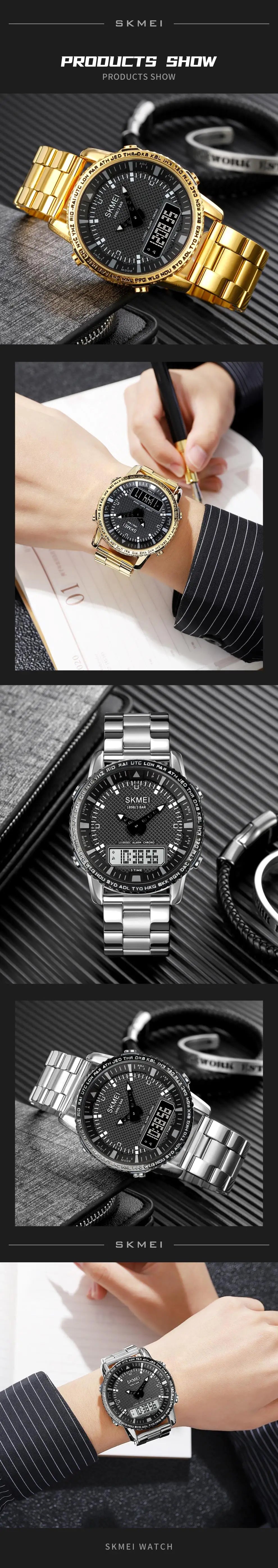 SKMEI Dual Time Dial Watch Fashion Steel Men's Men Watches Luxury Led Light Chrono Digital Watch Sport Stopwatch Clock For Men