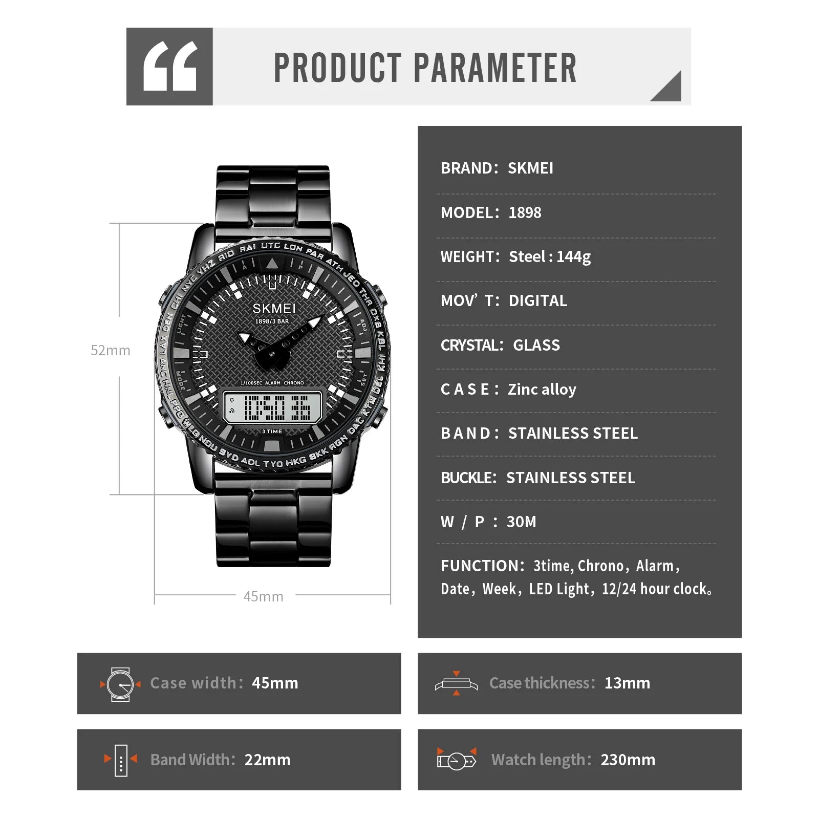 SKMEI Dual Time Dial Watch Fashion Steel Men's Men Watches Luxury Led Light Chrono Digital Watch Sport Stopwatch Clock For Men