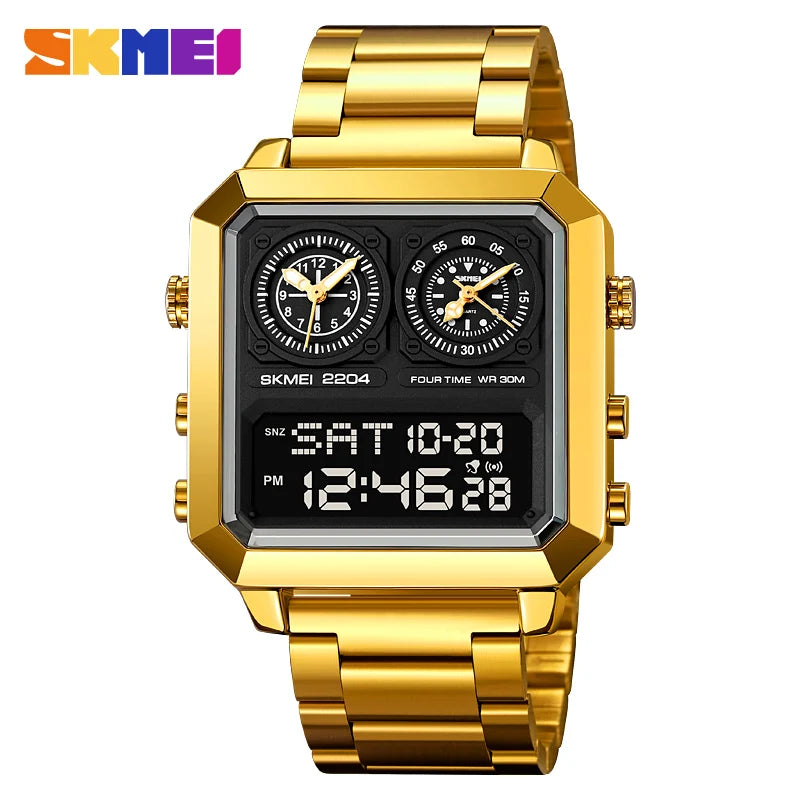 SKMEI Genuine Men's Electronic Watch Square Countdown Mary Gold Stainless Steel Strap 4 Time Timer Alarm Clock EL Luminous 2204