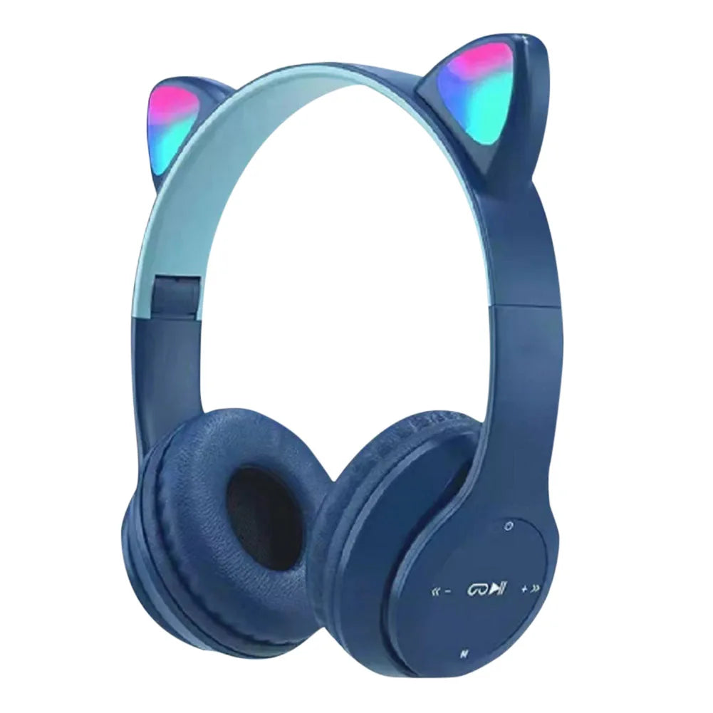 Wireless Headphones Cat Ear Bluetooth-Compatible Helmets Glow Light Over-Ear Headsets Cute Sports Headphones for Kids and Adult