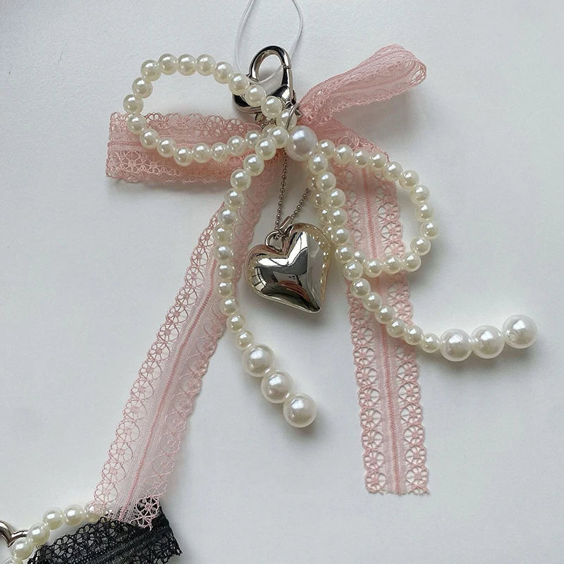 1Pcs Sweet Lace Bow Beaded Bow Keychain Phone Charm Strap Pendant For Phone Accessories Bag Hanging Cord For Women Girl