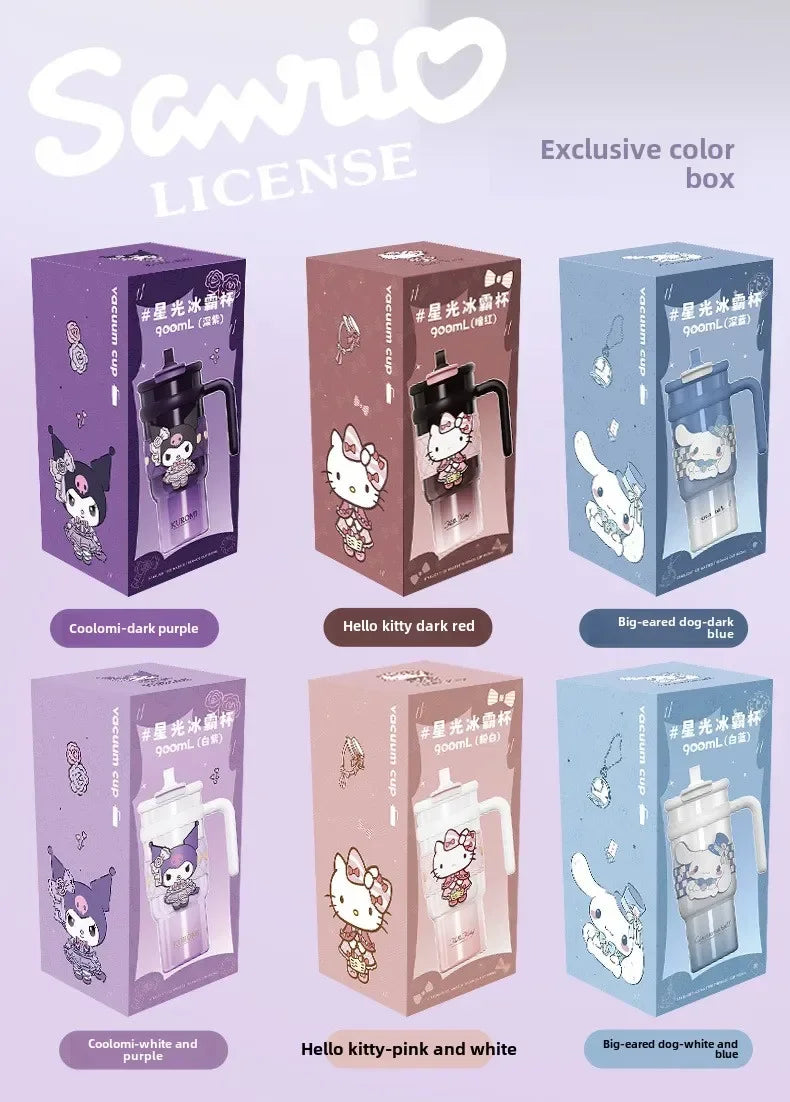 Sanrio 900Ml Thermos Cup Hello Kitty Cinnamoroll Kuromi Design Leakproof Water Cup Portable Bag Car Ice Cup Gift for Friends