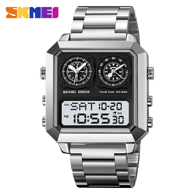 SKMEI Genuine Men's Electronic Watch Square Countdown Mary Gold Stainless Steel Strap 4 Time Timer Alarm Clock EL Luminous 2204