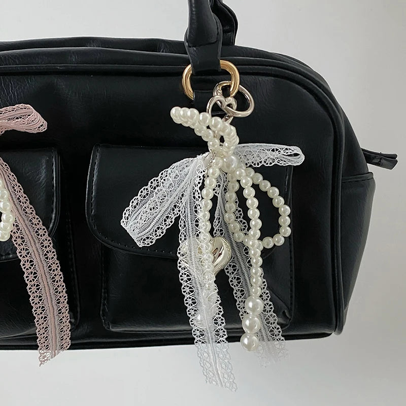 1Pcs Sweet Lace Bow Beaded Bow Keychain Phone Charm Strap Pendant For Phone Accessories Bag Hanging Cord For Women Girl
