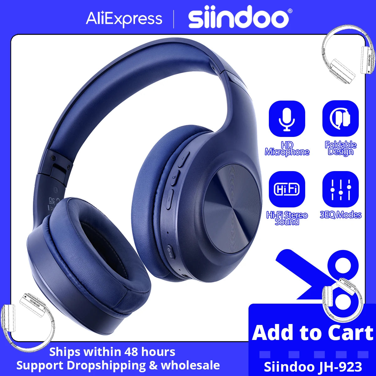 Siindoo JH-923 Wireless Headphones Over Ear,Foldable Bluetooth Headsets,3EQ Sound Modes, Hi-Res Audio with Mic Deep Bass Blue