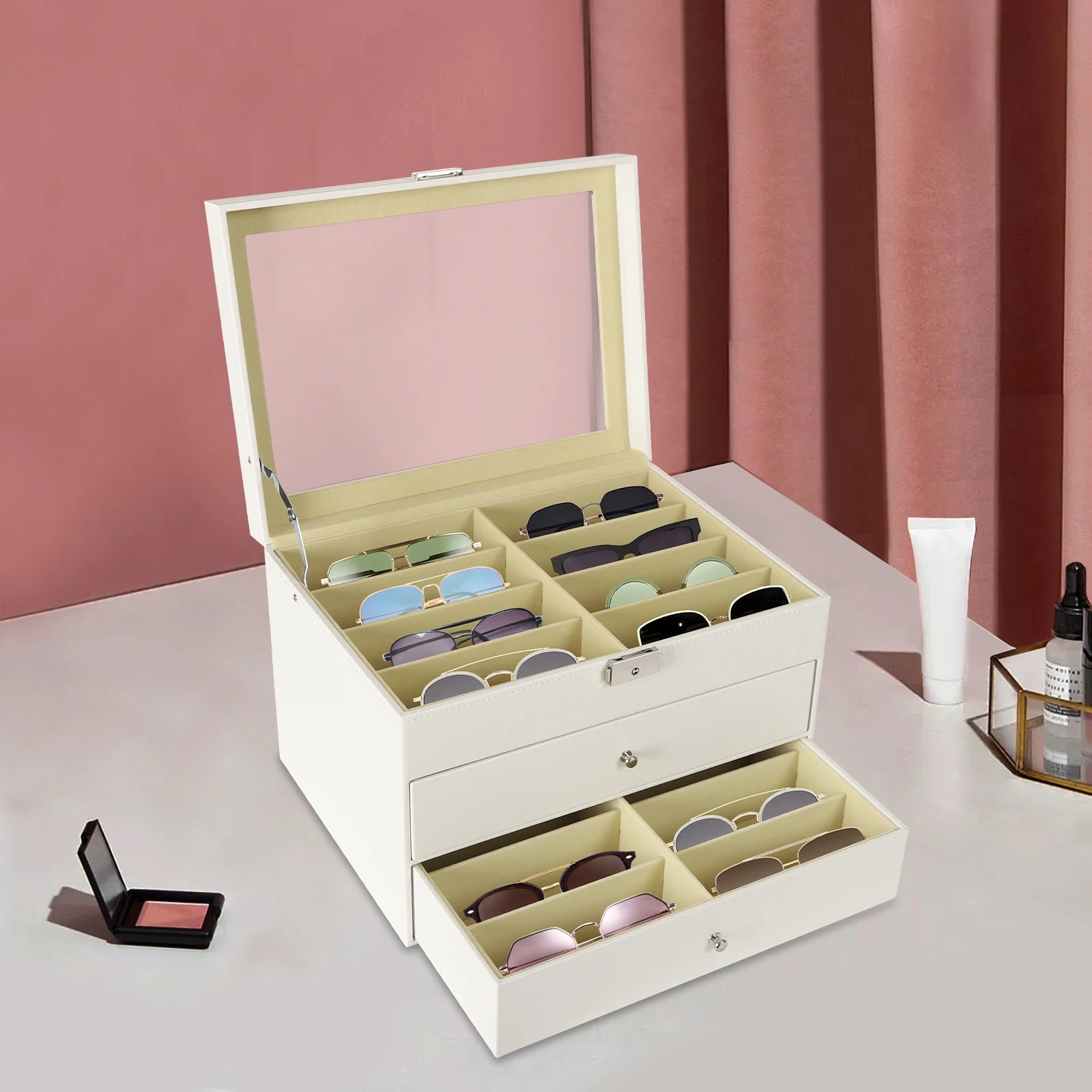 Sunglasses Box with 3-Tier Design, 24 Compartment Storage, Clear Glass Lid, Sturdy Lock, Soft Lint Interior, Eco-Friendly MDF