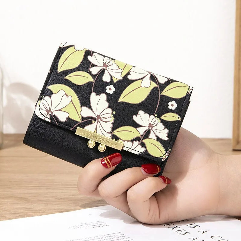 Women's Foldable Leather Wallet Floral Print Wallet Multi-card Slot ID Card Holder Card Bag Fashionable Wallet Cute Handbag