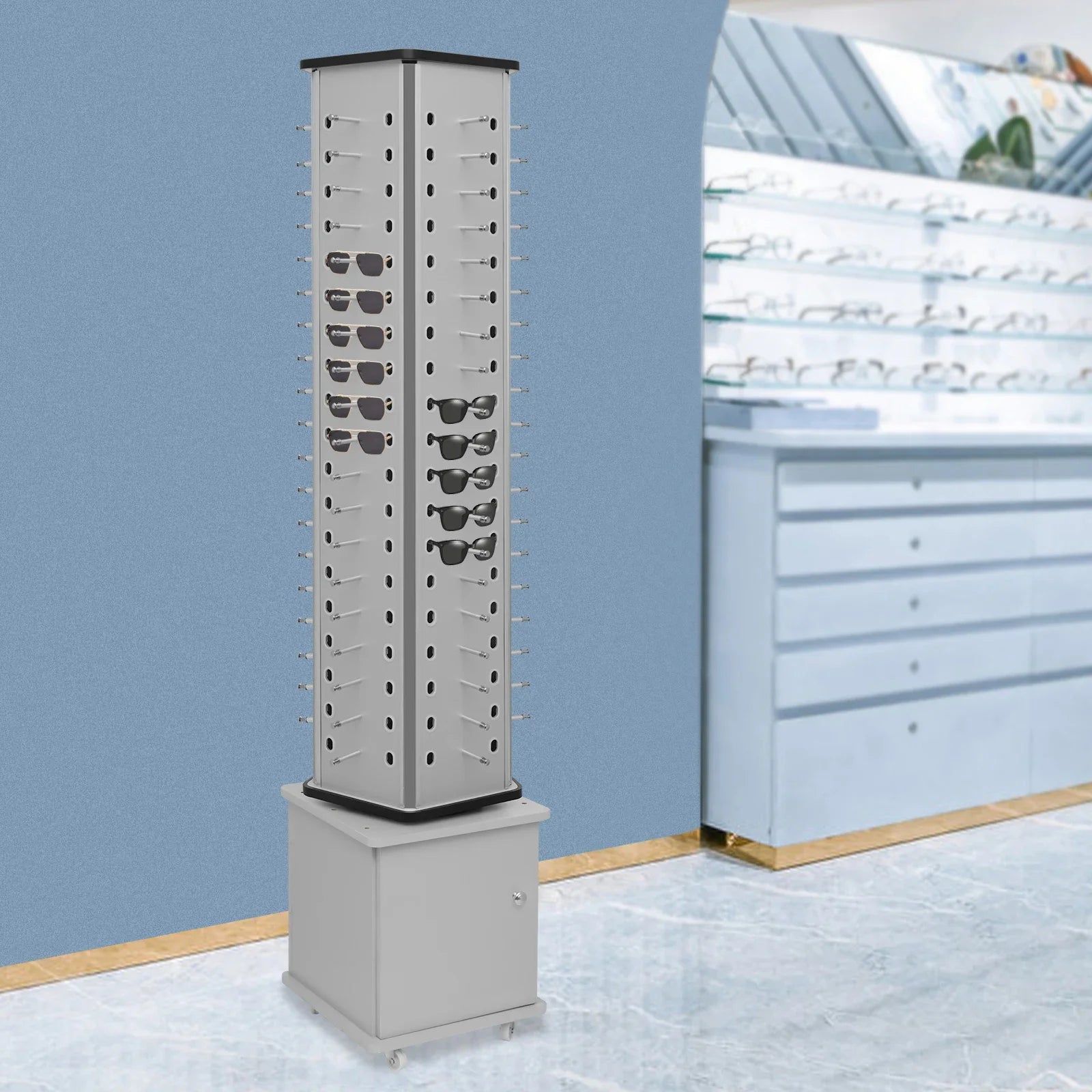 Rotating Glasses Display Stand – Silver Floor Stand with Aluminum-Plastic Plate for Sunglasses and Eyewear