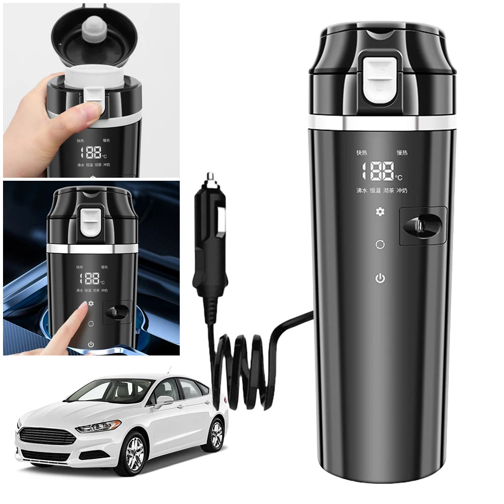 12V/24V Water Warmer Bottle Smart Temperature Control Car Heated Smart Mug Digital LCD Display Thermos Cup Stainless Steel 500ML