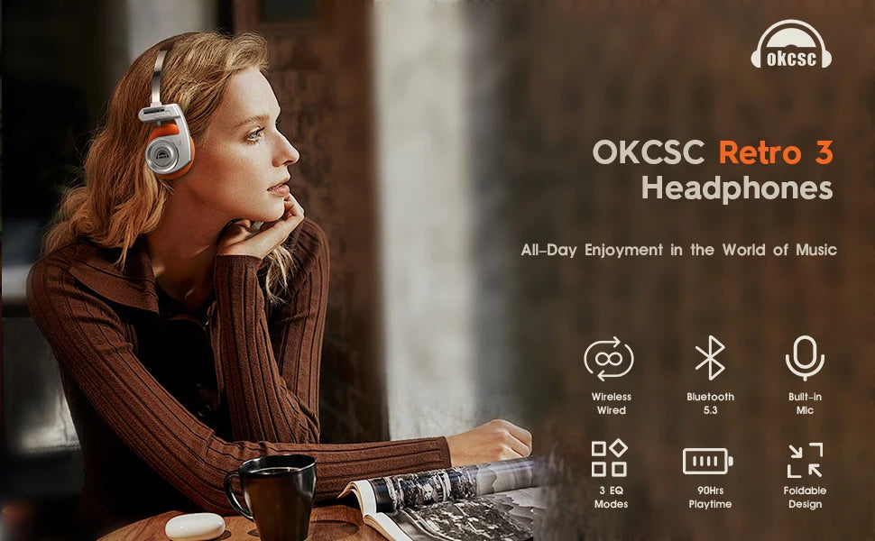 OKCSC 2 in 1 Retro Wireless Headphones 3rd Generation  BT 5.3 40mm Drive Open-ear Noise Reduction Headset Two Connection Modes