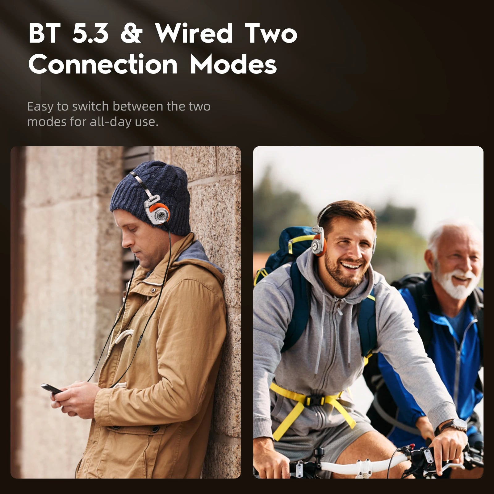 OKCSC 2 in 1 Retro Wireless Headphones 3rd Generation  BT 5.3 40mm Drive Open-ear Noise Reduction Headset Two Connection Modes