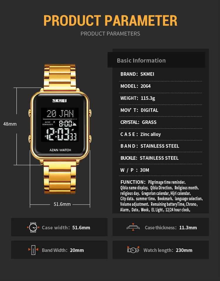 SKMEI Muslim Azan Digital Watches Men's Watch For Men Prayer With Qibla Compass Adhan Alarm Hijri Islamic Wristwatches Clock