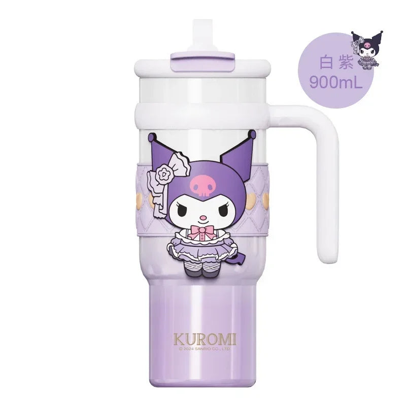 Sanrio 900Ml Thermos Cup Hello Kitty Cinnamoroll Kuromi Design Leakproof Water Cup Portable Bag Car Ice Cup Gift for Friends