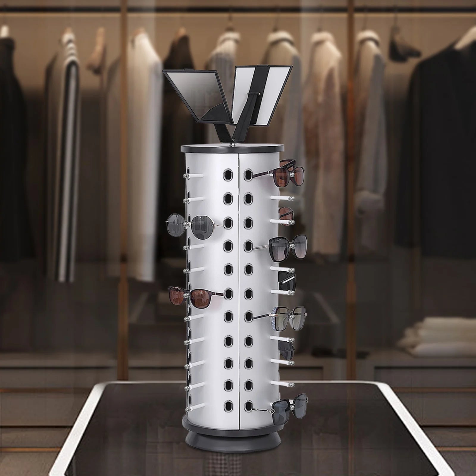 Bymaocar Sunglasses Display Rack 360° Rotating  44 Pieces + Mirror Spinning Stand Glass Holder Home Decor with Hooks and Holes