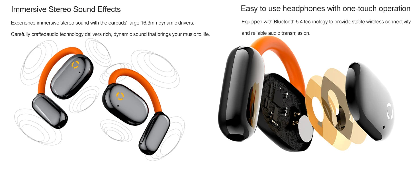 True Open Ear earbuds Wireless Headphones with Enhanced Sound,Lightweight Design,IPX4 waterproof,DNC Mics,BT 5.4,Punchy Bass