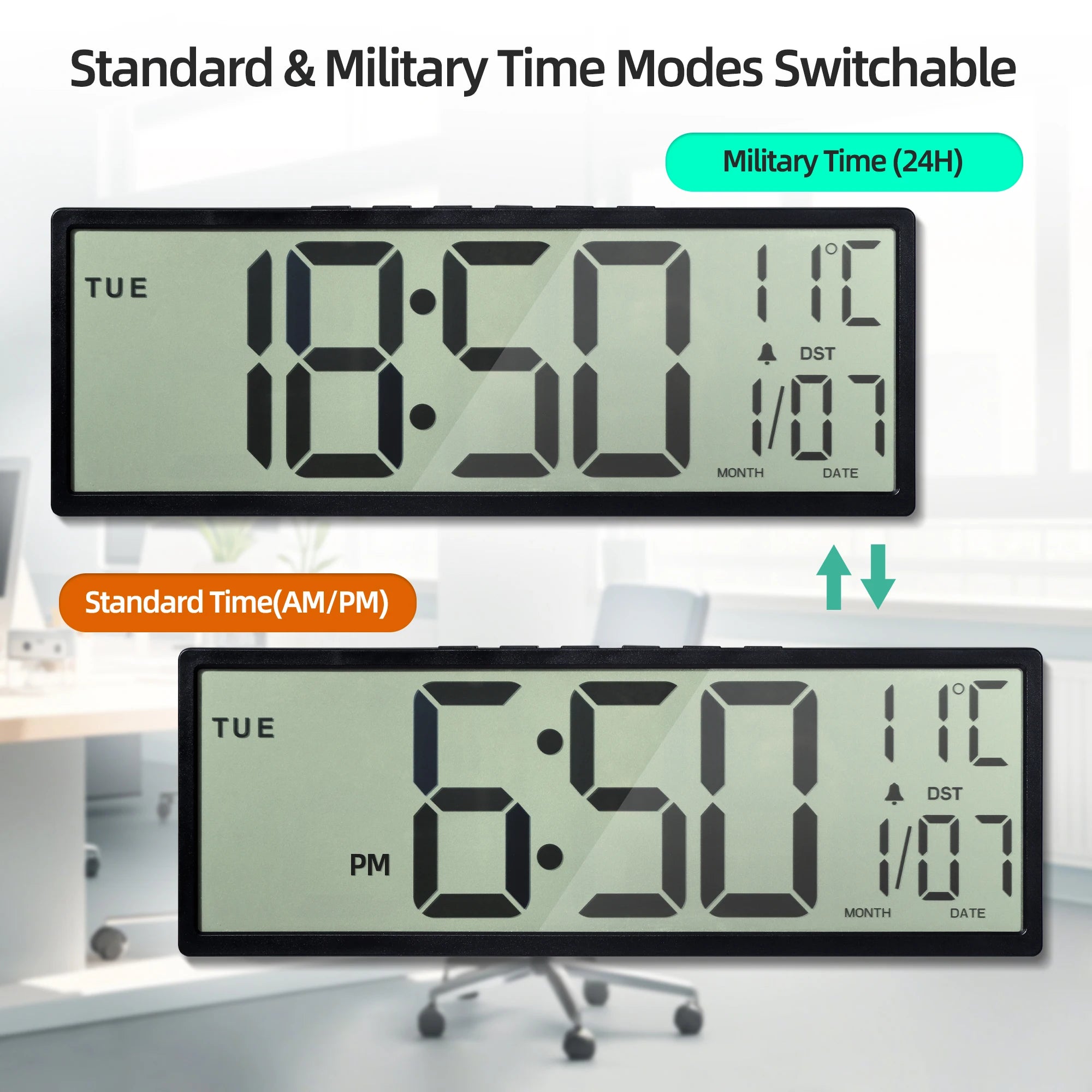 14.5" Large Digital Wall Clock Battery Operated, Clock with Large Display Numbers, Calendar, Auto DST, Clocks for Living Room