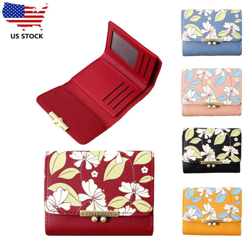 Women's Foldable Leather Wallet Floral Print Wallet Multi-card Slot ID Card Holder Card Bag Fashionable Wallet Cute Handbag