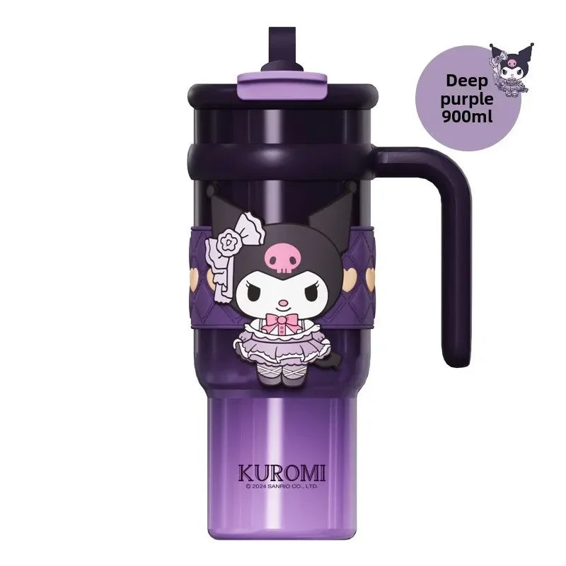 Sanrio 900Ml Thermos Cup Hello Kitty Cinnamoroll Kuromi Design Leakproof Water Cup Portable Bag Car Ice Cup Gift for Friends