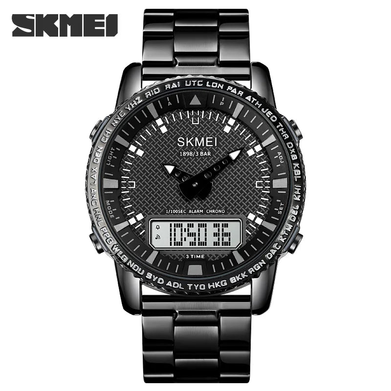 SKMEI Dual Time Dial Watch Fashion Steel Men's Men Watches Luxury Led Light Chrono Digital Watch Sport Stopwatch Clock For Men