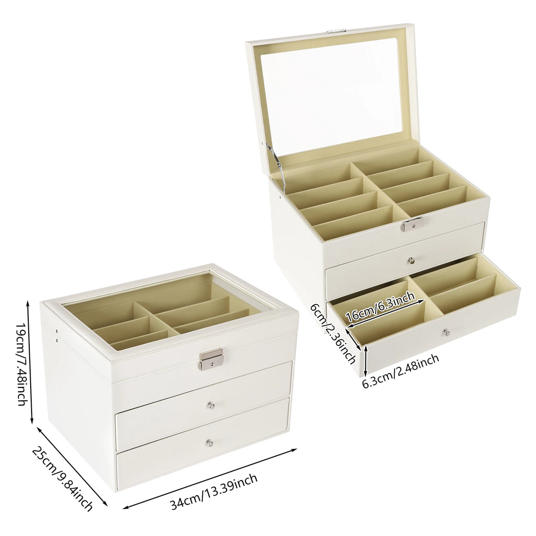 Sunglasses Box with 3-Tier Design, 24 Compartment Storage, Clear Glass Lid, Sturdy Lock, Soft Lint Interior, Eco-Friendly MDF