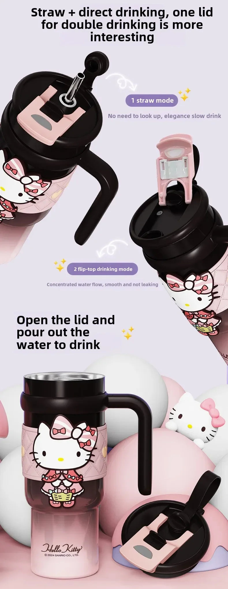 Sanrio 900Ml Thermos Cup Hello Kitty Cinnamoroll Kuromi Design Leakproof Water Cup Portable Bag Car Ice Cup Gift for Friends