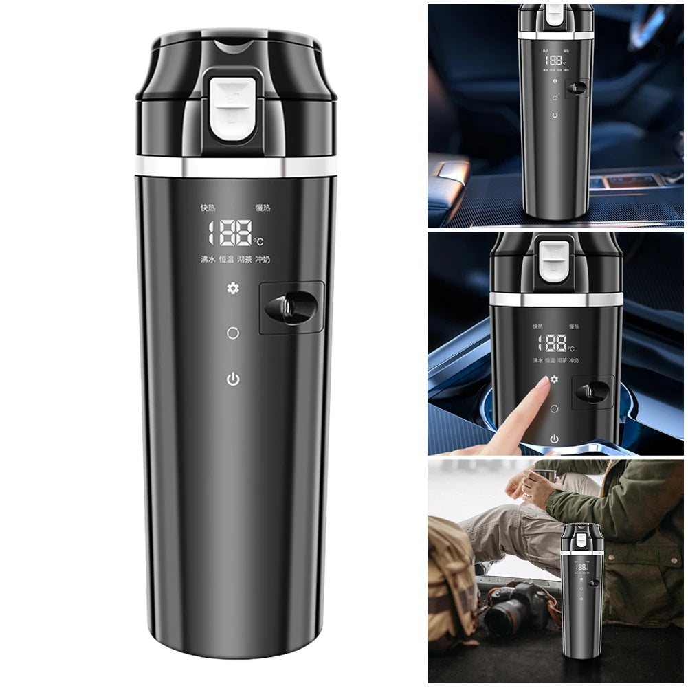 12V/24V Water Warmer Bottle Smart Temperature Control Car Heated Smart Mug Digital LCD Display Thermos Cup Stainless Steel 500ML