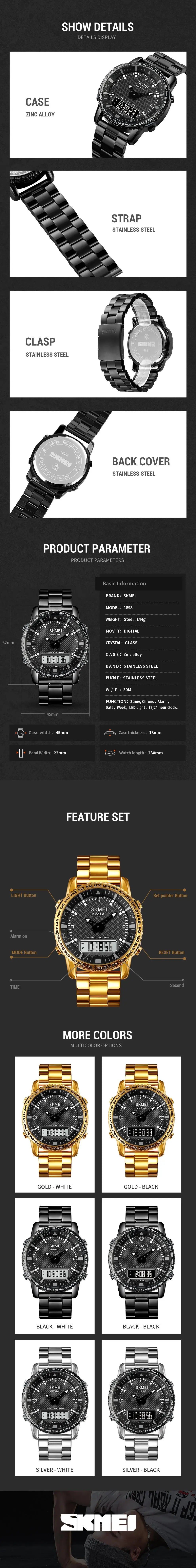 SKMEI Dual Time Dial Watch Fashion Steel Men's Men Watches Luxury Led Light Chrono Digital Watch Sport Stopwatch Clock For Men