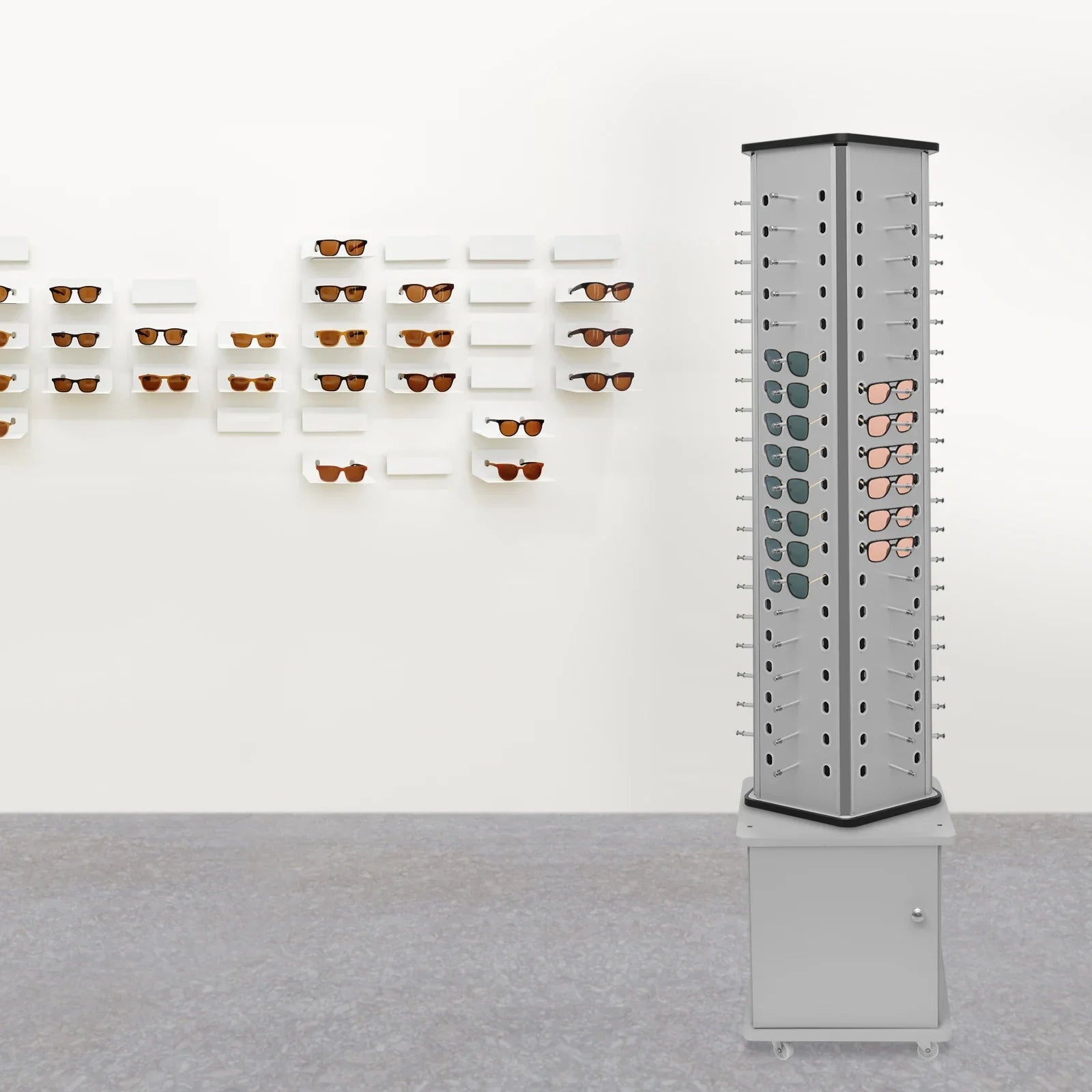 Rotating Glasses Display Stand – Silver Floor Stand with Aluminum-Plastic Plate for Sunglasses and Eyewear
