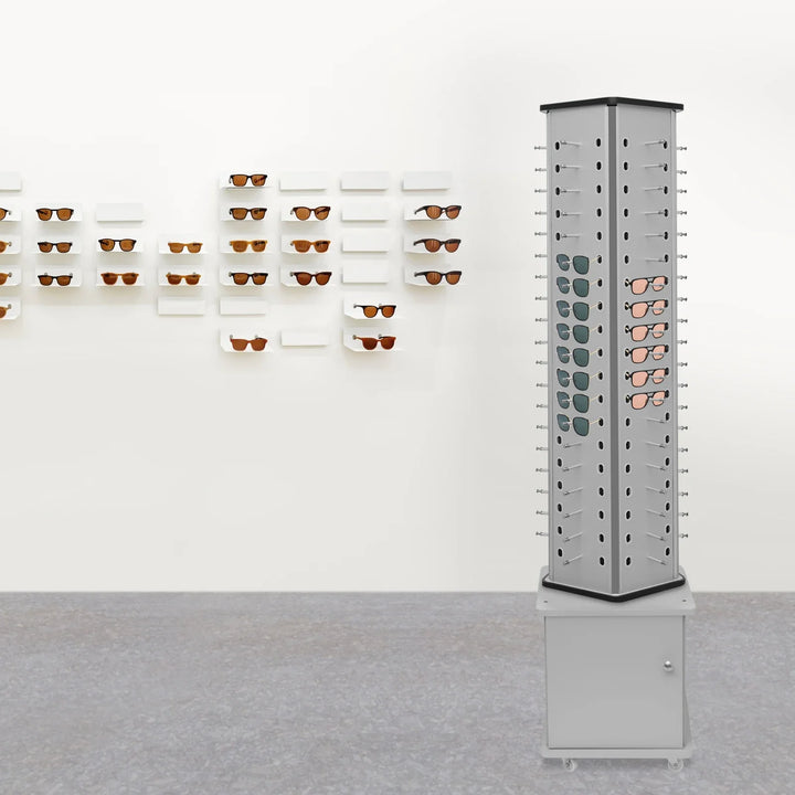 Rotating Glasses Display Stand – Silver Floor Stand with Aluminum-Plastic Plate for Sunglasses and Eyewear