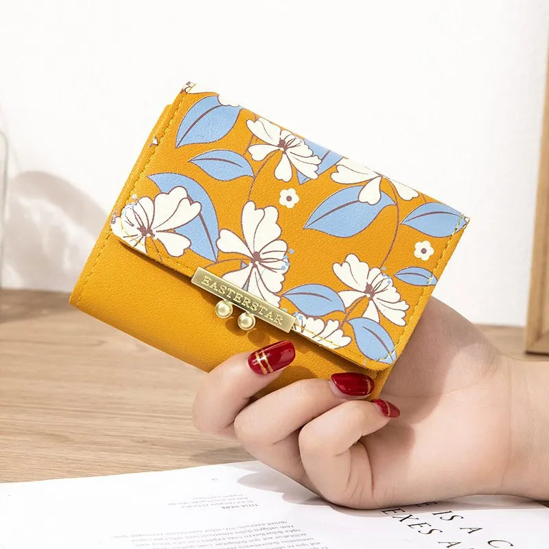 Women's Foldable Leather Wallet Floral Print Wallet Multi-card Slot ID Card Holder Card Bag Fashionable Wallet Cute Handbag