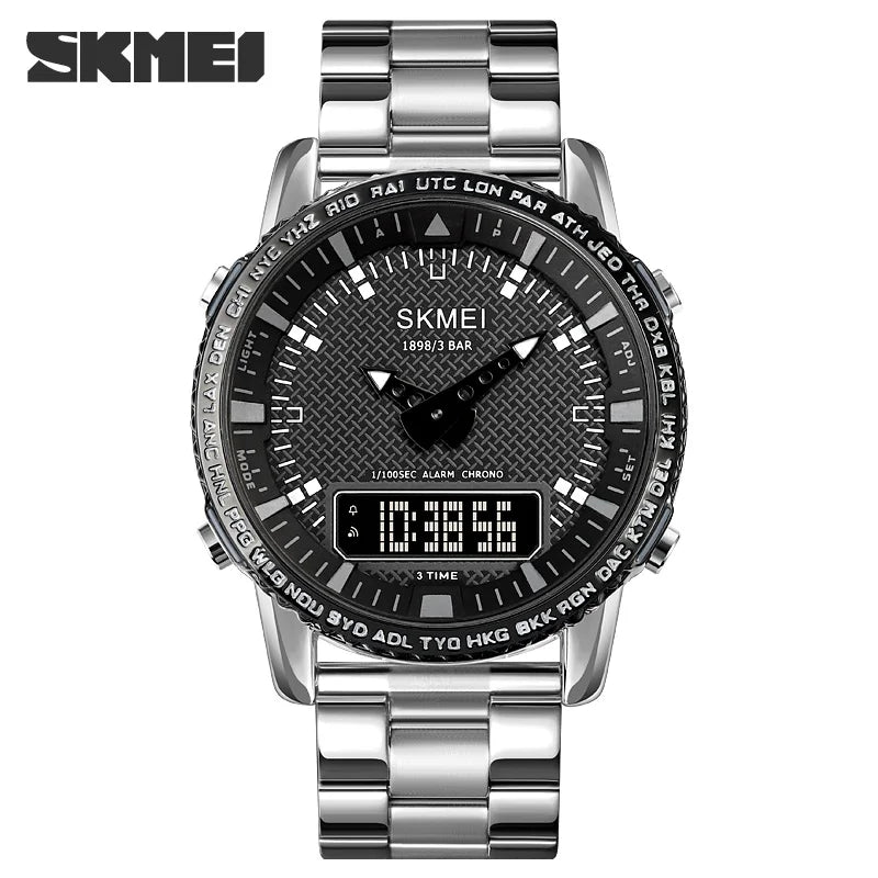 SKMEI Dual Time Dial Watch Fashion Steel Men's Men Watches Luxury Led Light Chrono Digital Watch Sport Stopwatch Clock For Men