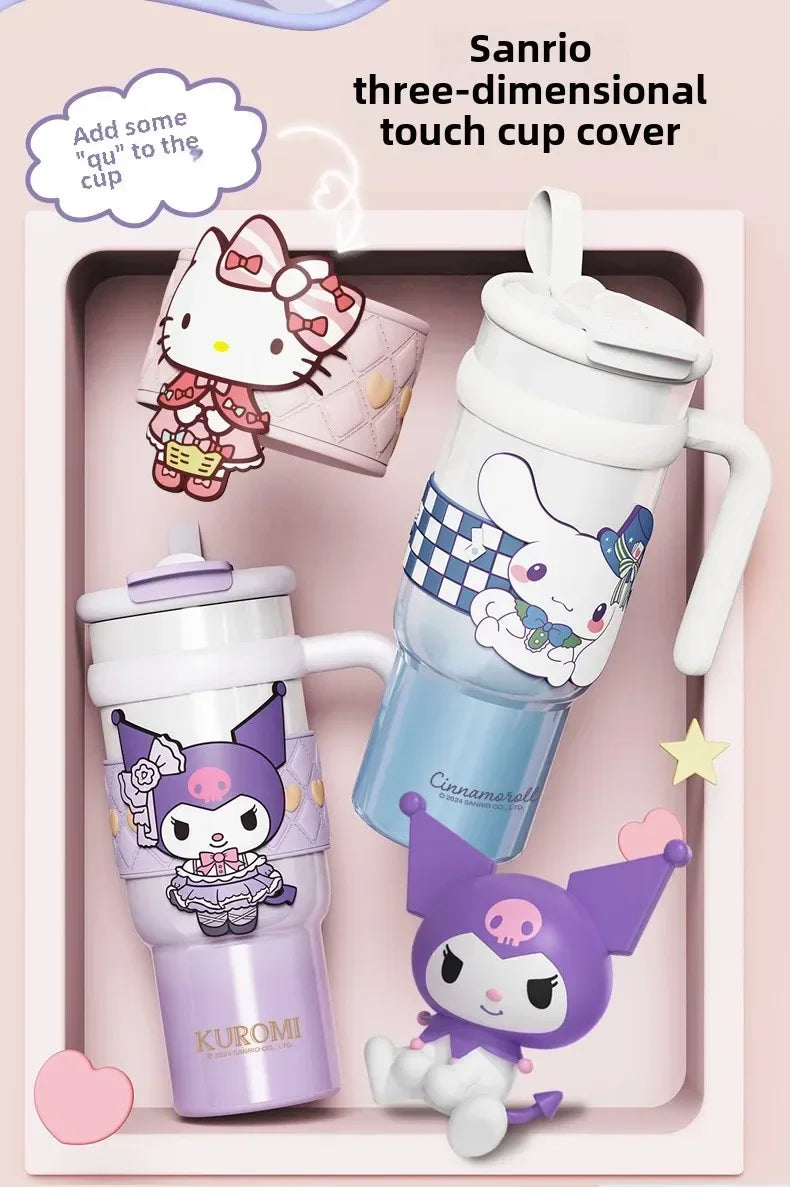 Sanrio 900Ml Thermos Cup Hello Kitty Cinnamoroll Kuromi Design Leakproof Water Cup Portable Bag Car Ice Cup Gift for Friends